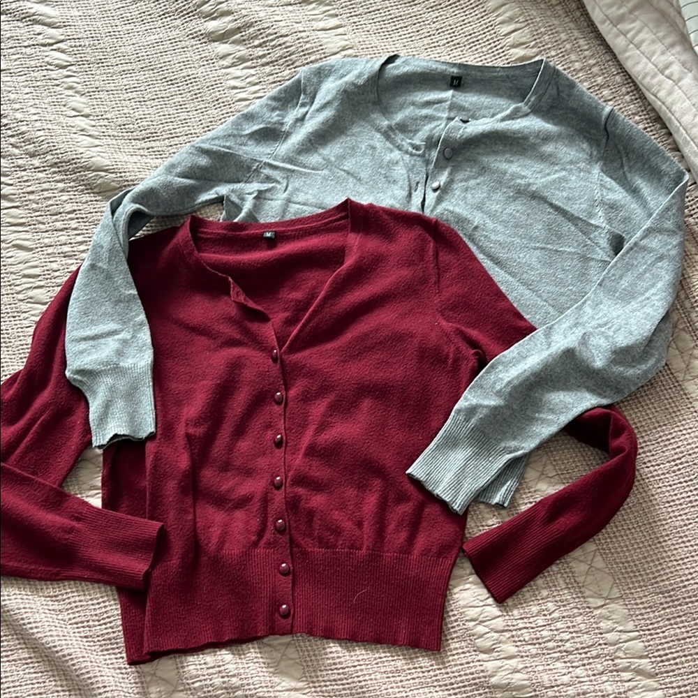 Women's Button-Up Sweater Set - Gray and Burgundy
